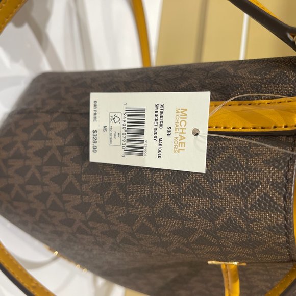 Michael Kors Suri MINI Bucket Satchel Shoulder Crossbody Bag MK Brown Yellow - Picture 11 of 12